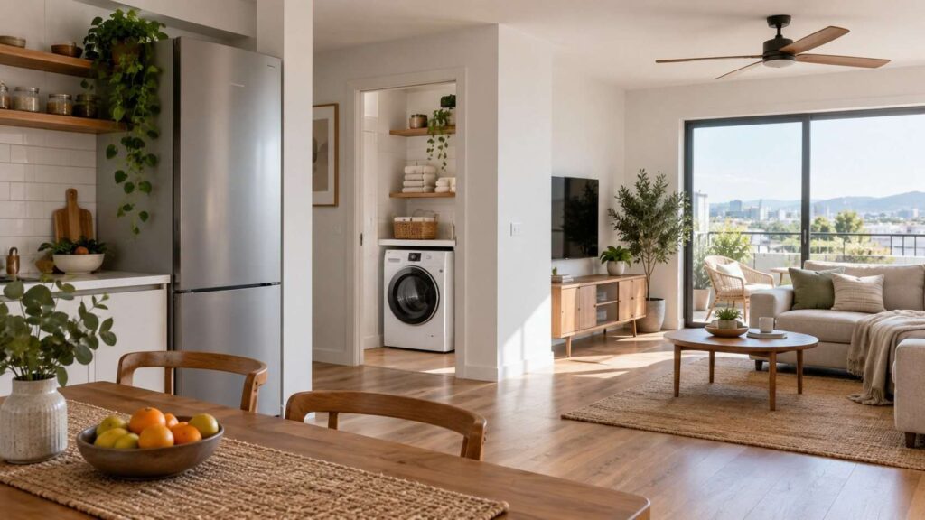 Cocina y salón luminosos con frigorífico, lavadora y ventilador de techo